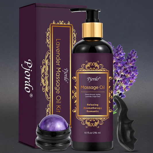 Pjordo Aromatherapy Lavender Massage Oil with Massage Roller Ball & Thumb Saver Massager Spa Massages Oil for Date Night Massage Oil for Massage Therapy Calming Soothing Relaxing 10 Fl Oz