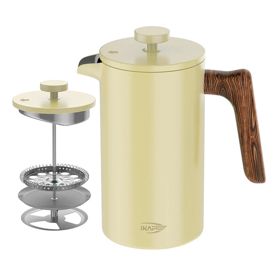 IKAPE French Press Coffee Maker 34 OZ 304 Stainless Steel Espresso Coffee & Tea Maker with 4 Level Filtration System(Yellow)